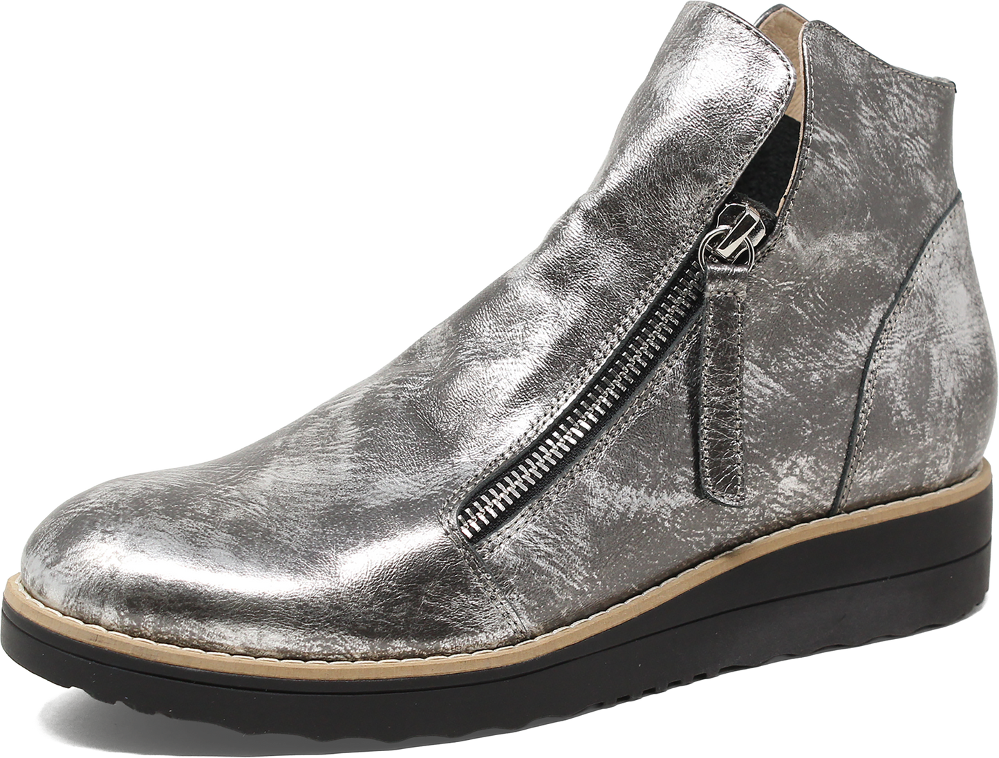 Silver metallic ankle boot with a zipper on a white background