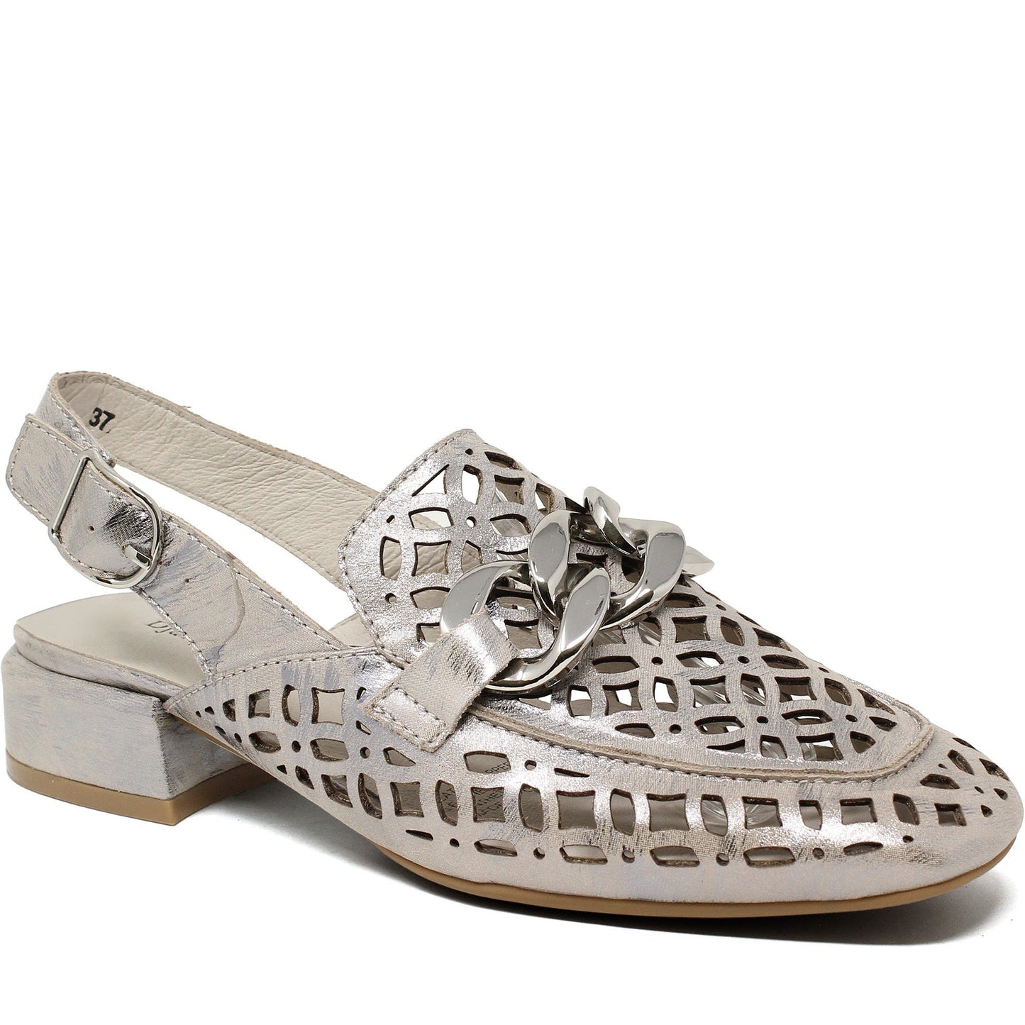 A silver shoe with cut-out patterns and a chain detail on the vamp, featuring a buckle strap and a low heel.