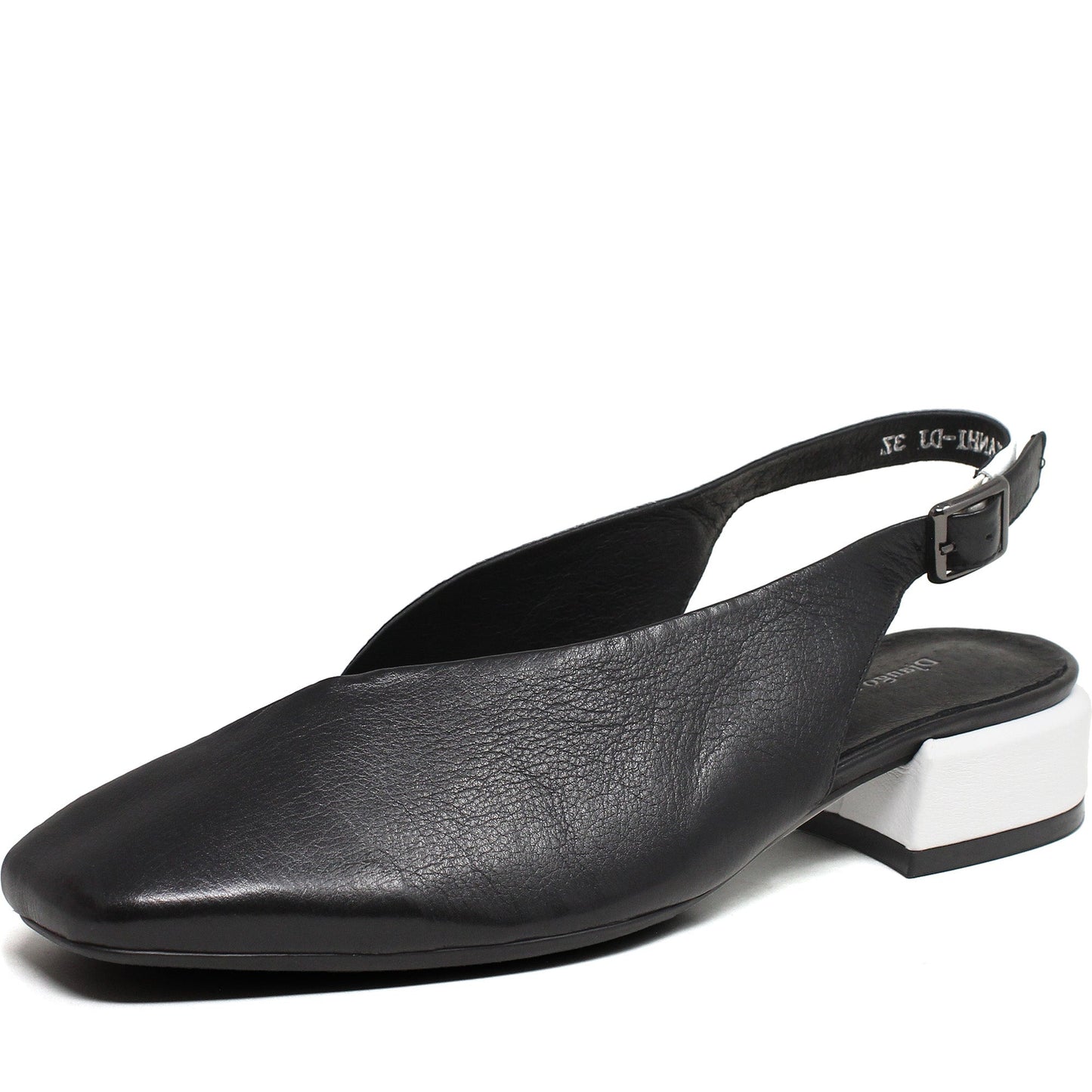 A black leather sandal with a white heel and a buckle strap.