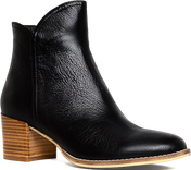 Black leather ankle boot with a wooden heel on a white background