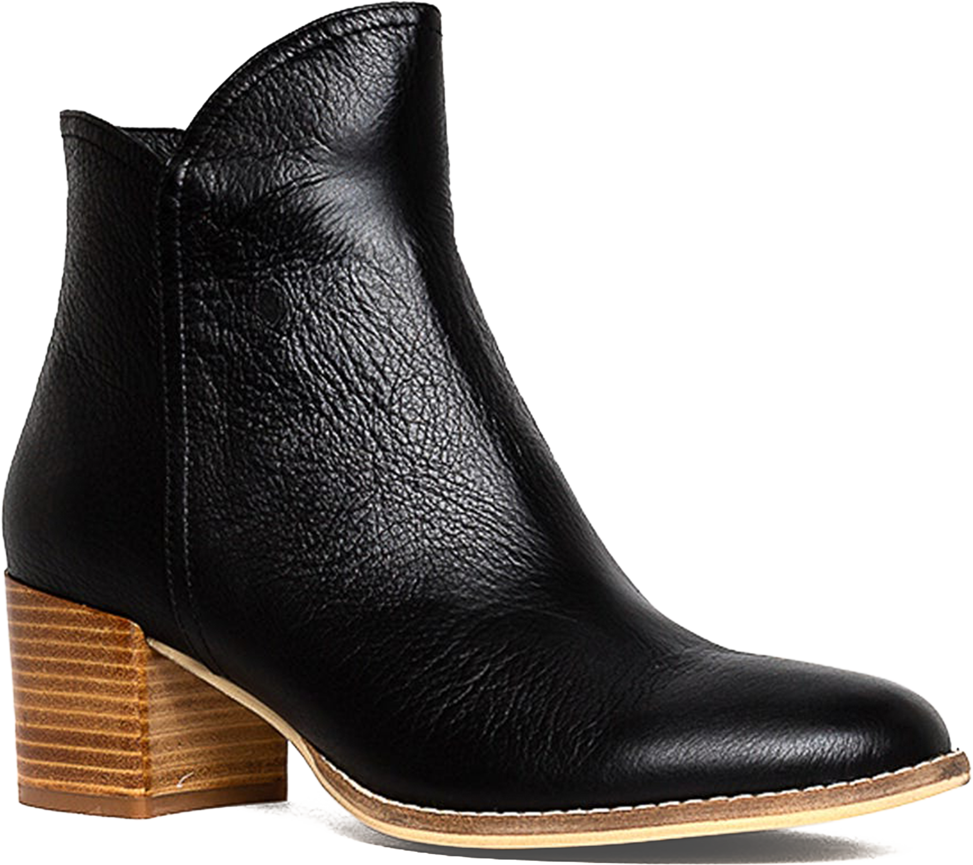 Black leather ankle boot with a wooden heel on a white background