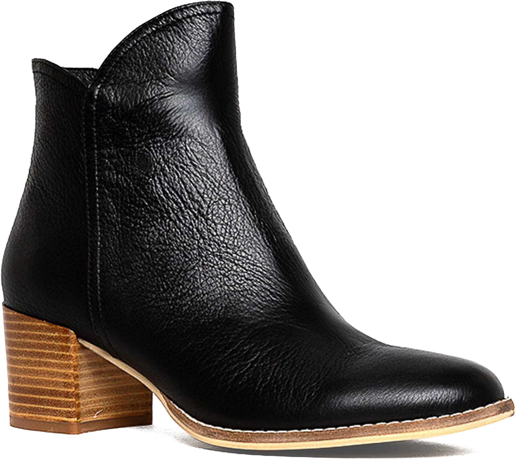 Black leather ankle boot with a wooden heel on a white background