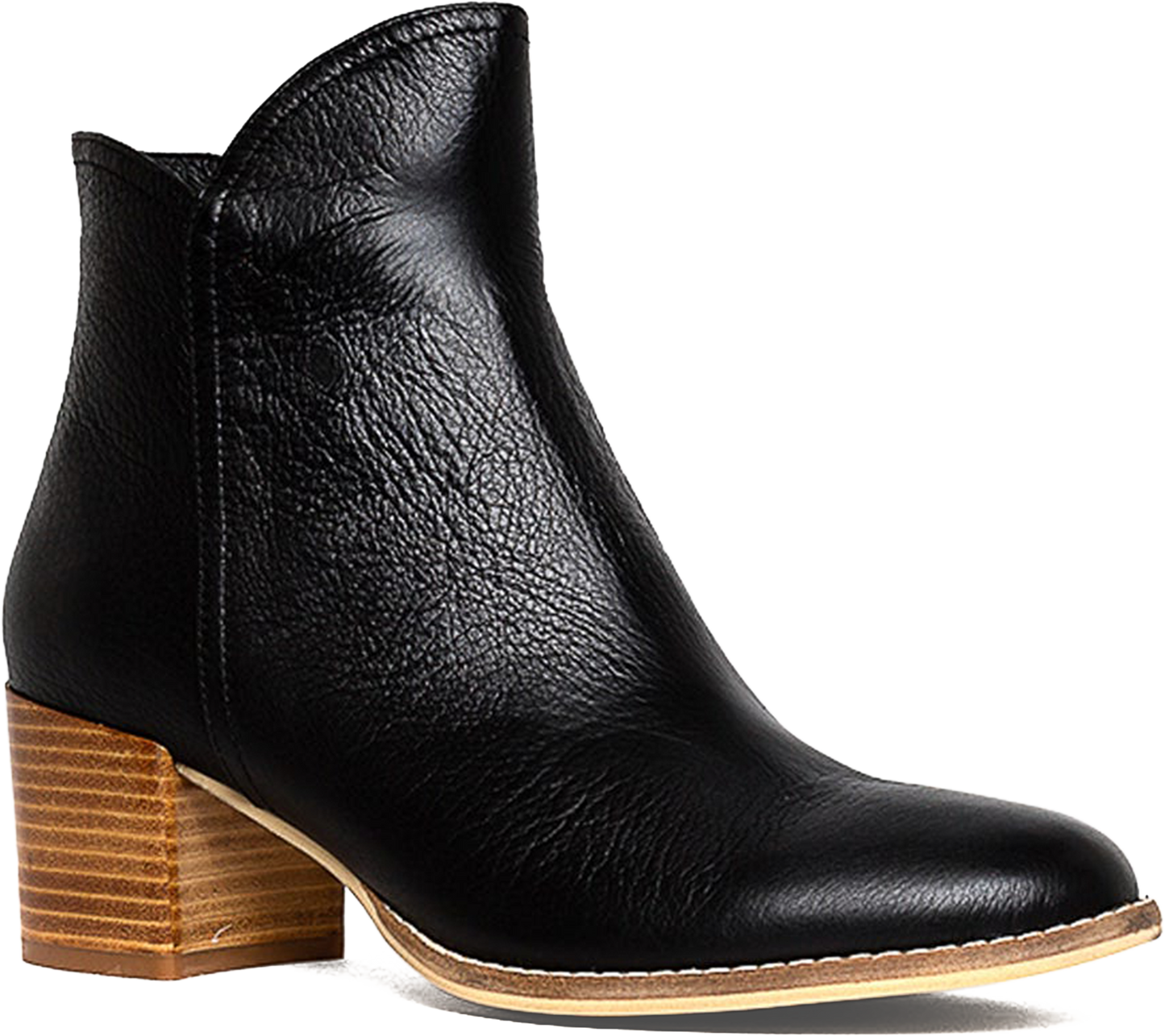 Black leather ankle boot with a wooden heel on a white background