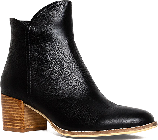 Black leather ankle boot with a wooden heel on a white background