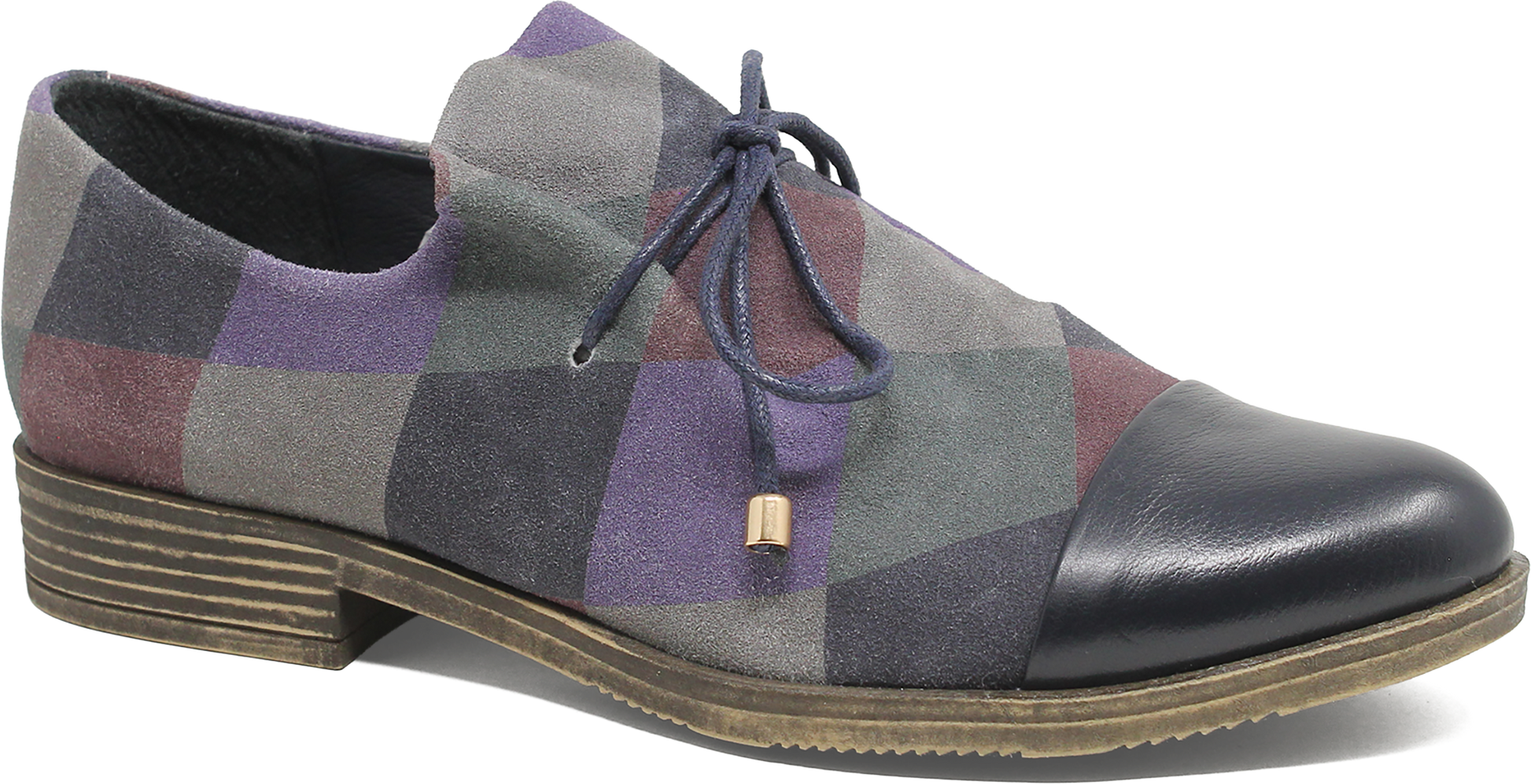 Multicolored checkered shoe with a black toe cap on a white background