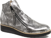 Silver metallic ankle boot with a zipper on a white background