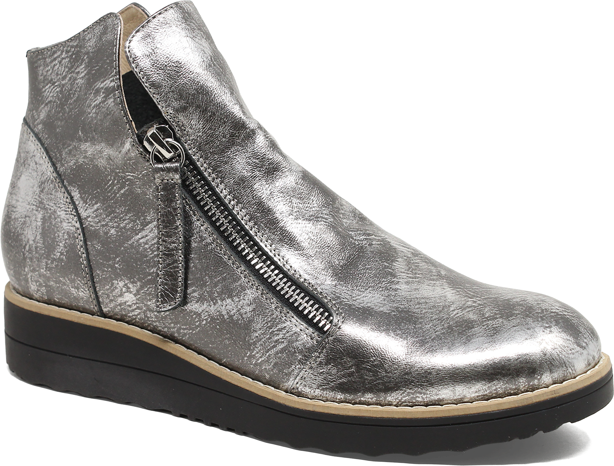 Silver metallic ankle boot with a zipper on a white background