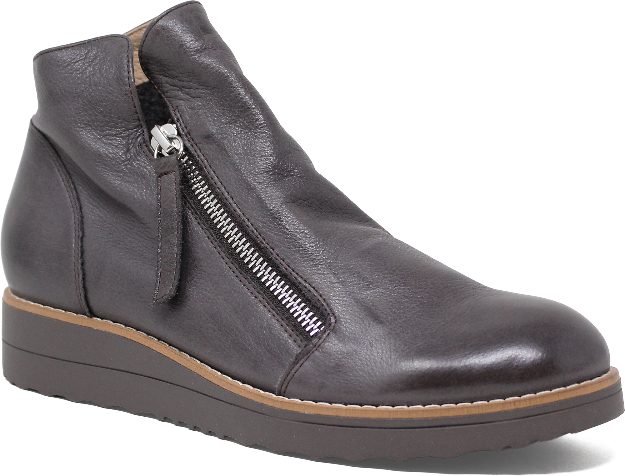 Dark gray leather ankle boot with a zipper on a white background
