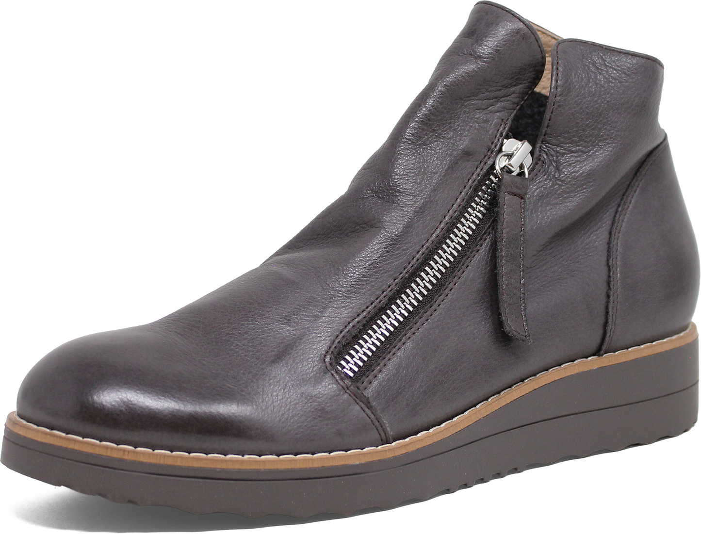 Dark gray leather ankle boot with a zipper on a white background