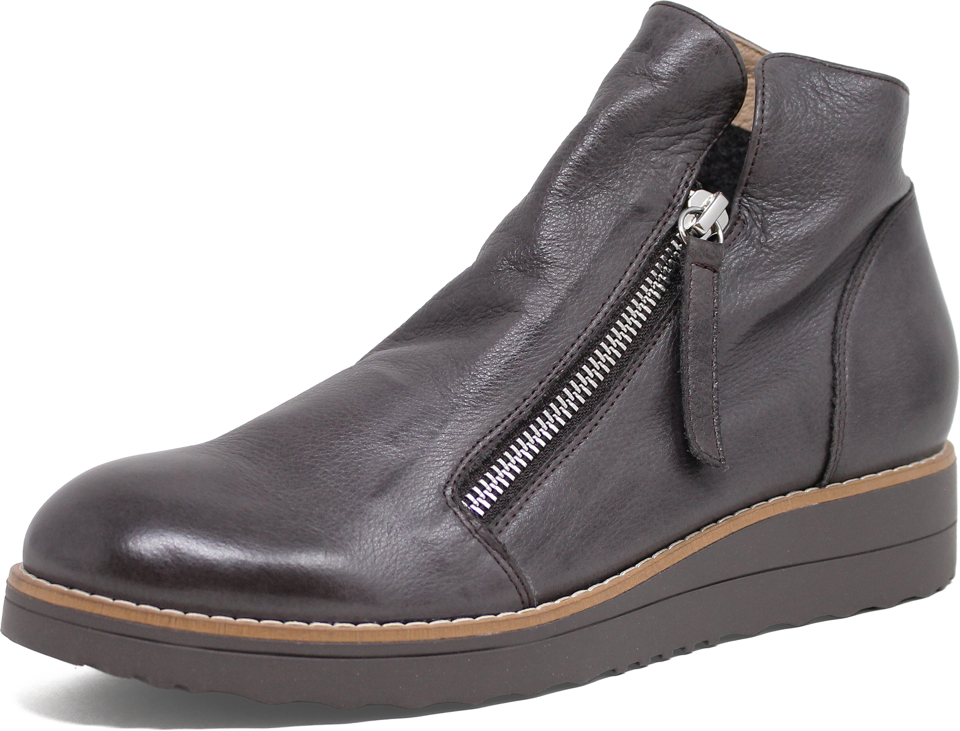 Dark gray leather ankle boot with a zipper on a white background