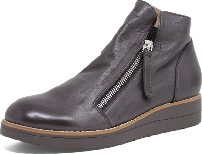 Dark gray leather ankle boot with a zipper on a white background