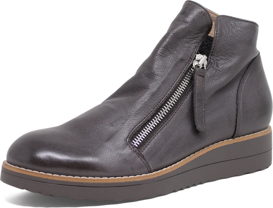 Dark gray leather ankle boot with a zipper on a white background