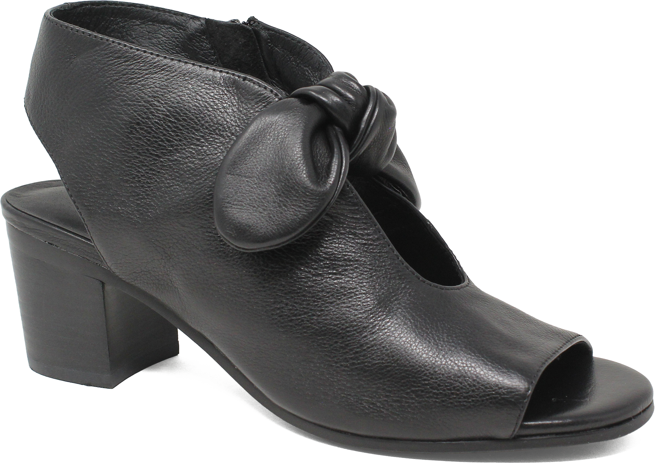A black leather sandal with a chunky heel and an ankle strap.