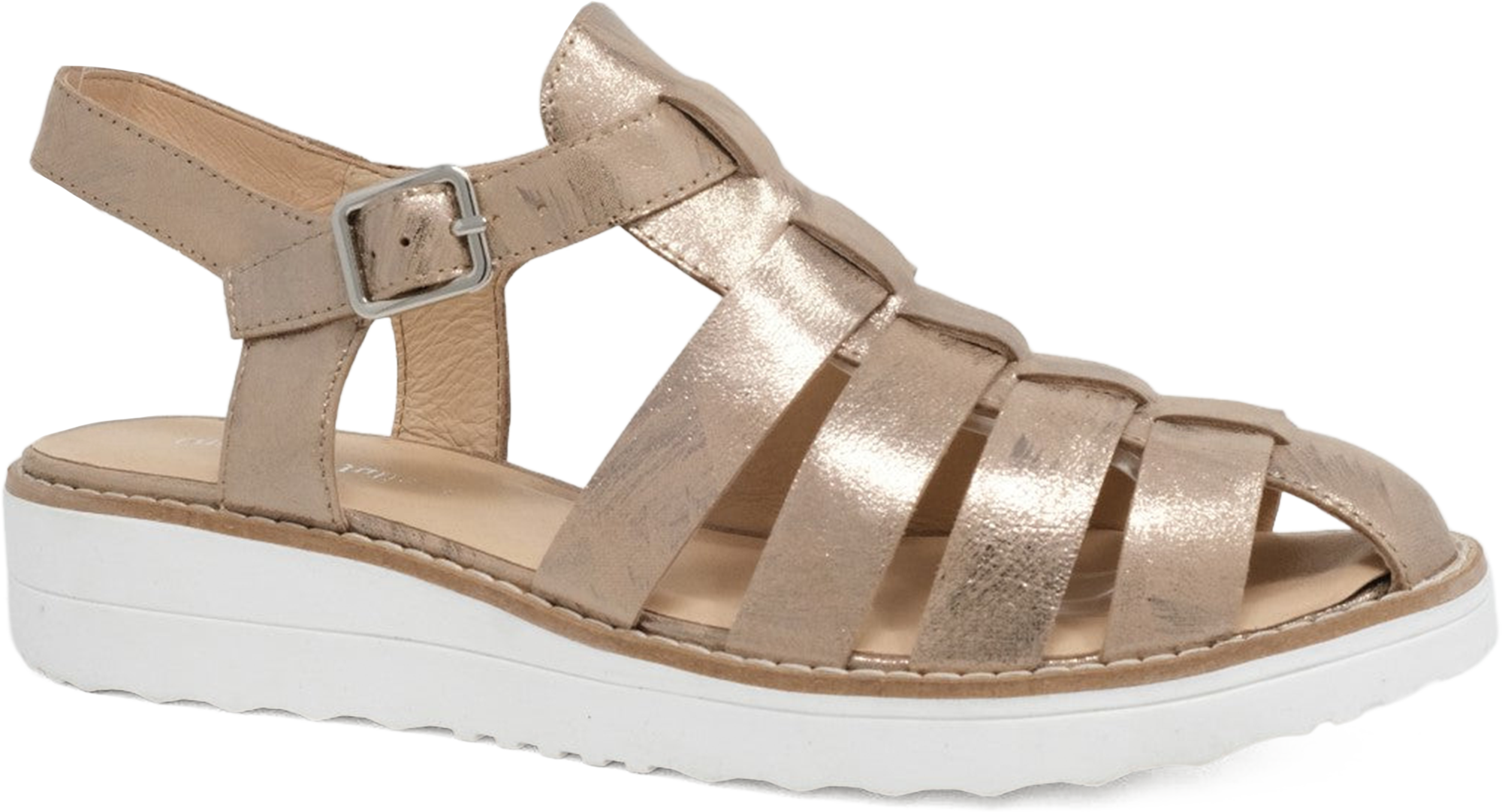 Gold sandal with white sole on a white background