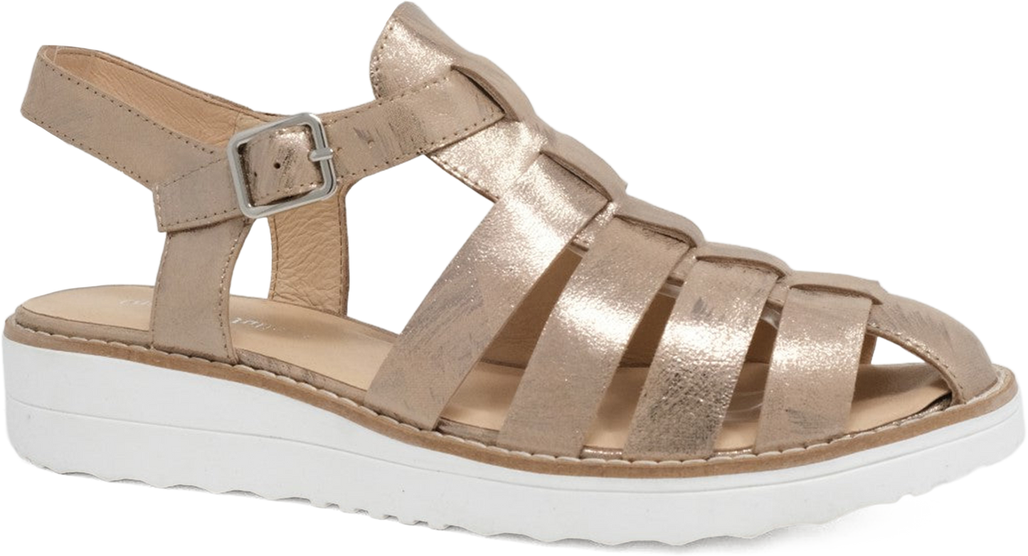 Gold sandal with white sole on a white background