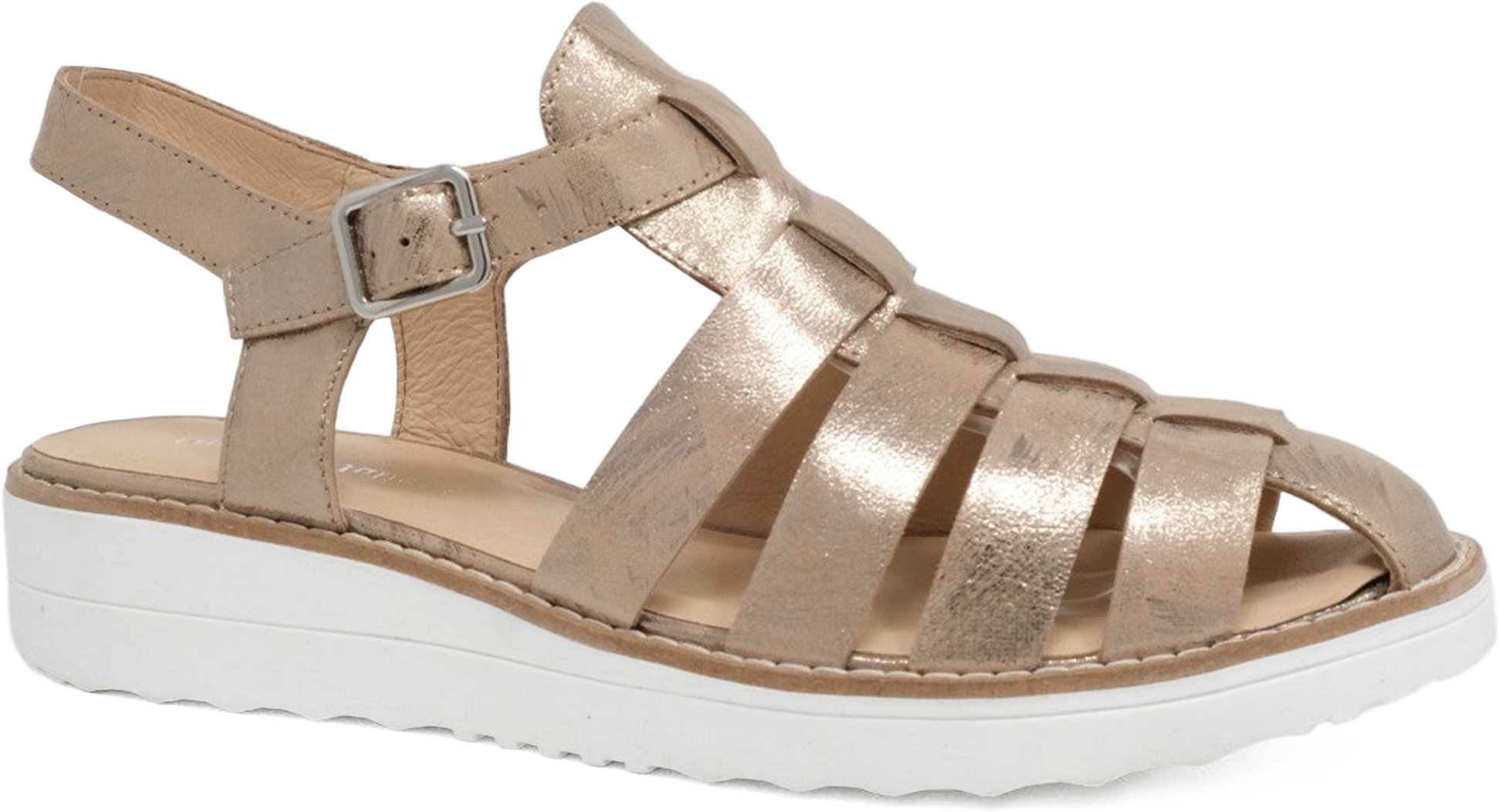 Gold sandal with white sole on a white background