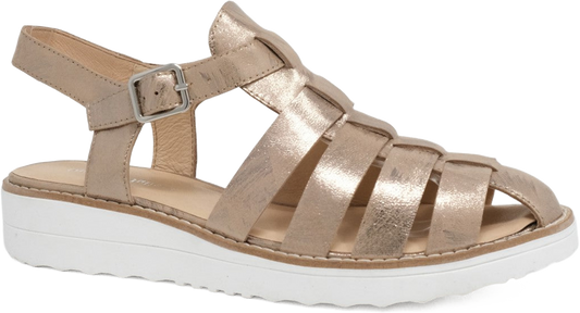 Gold sandal with white sole on a white background