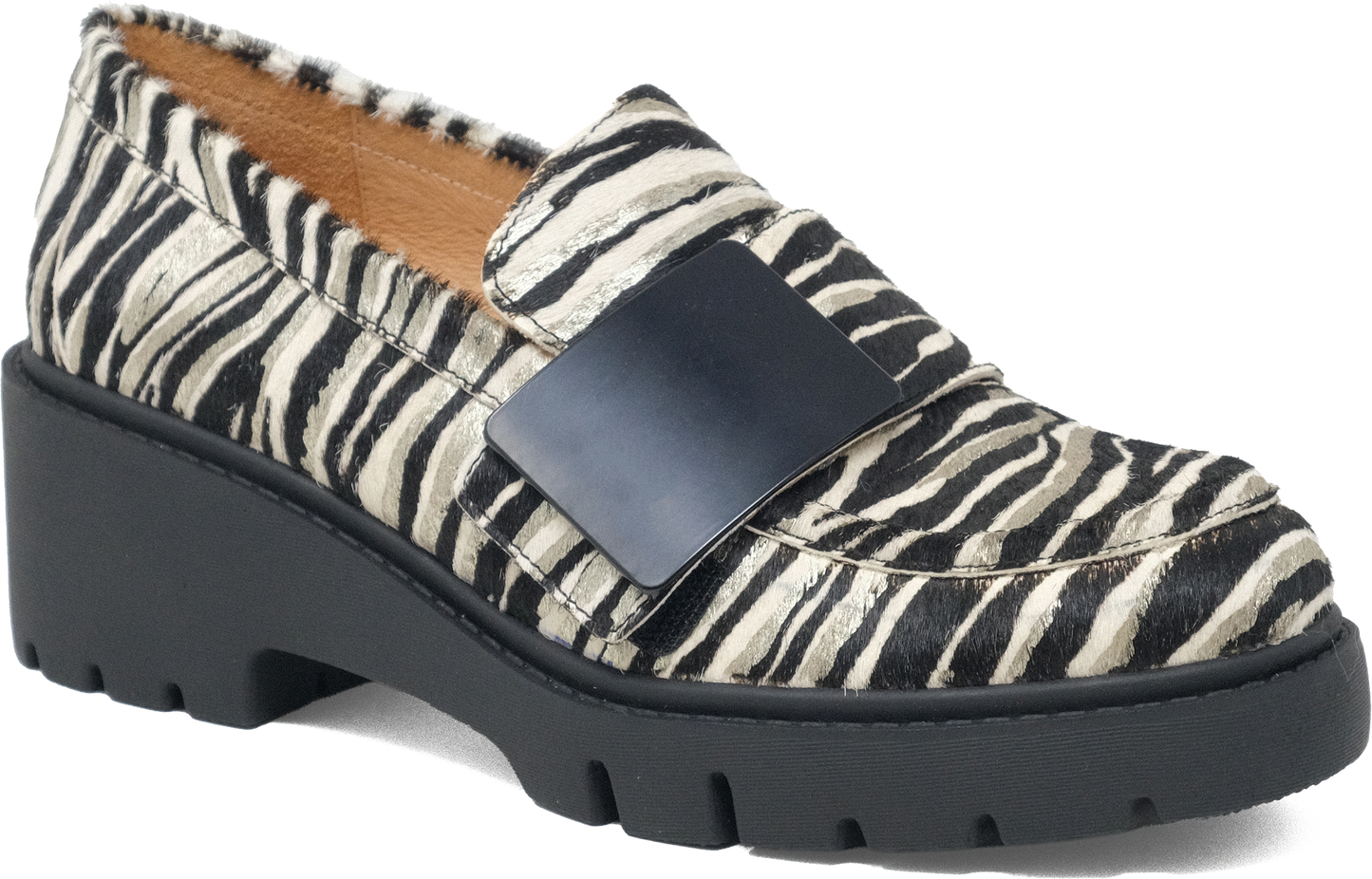 Loafer with zebra print pattern and black buckle on a white background