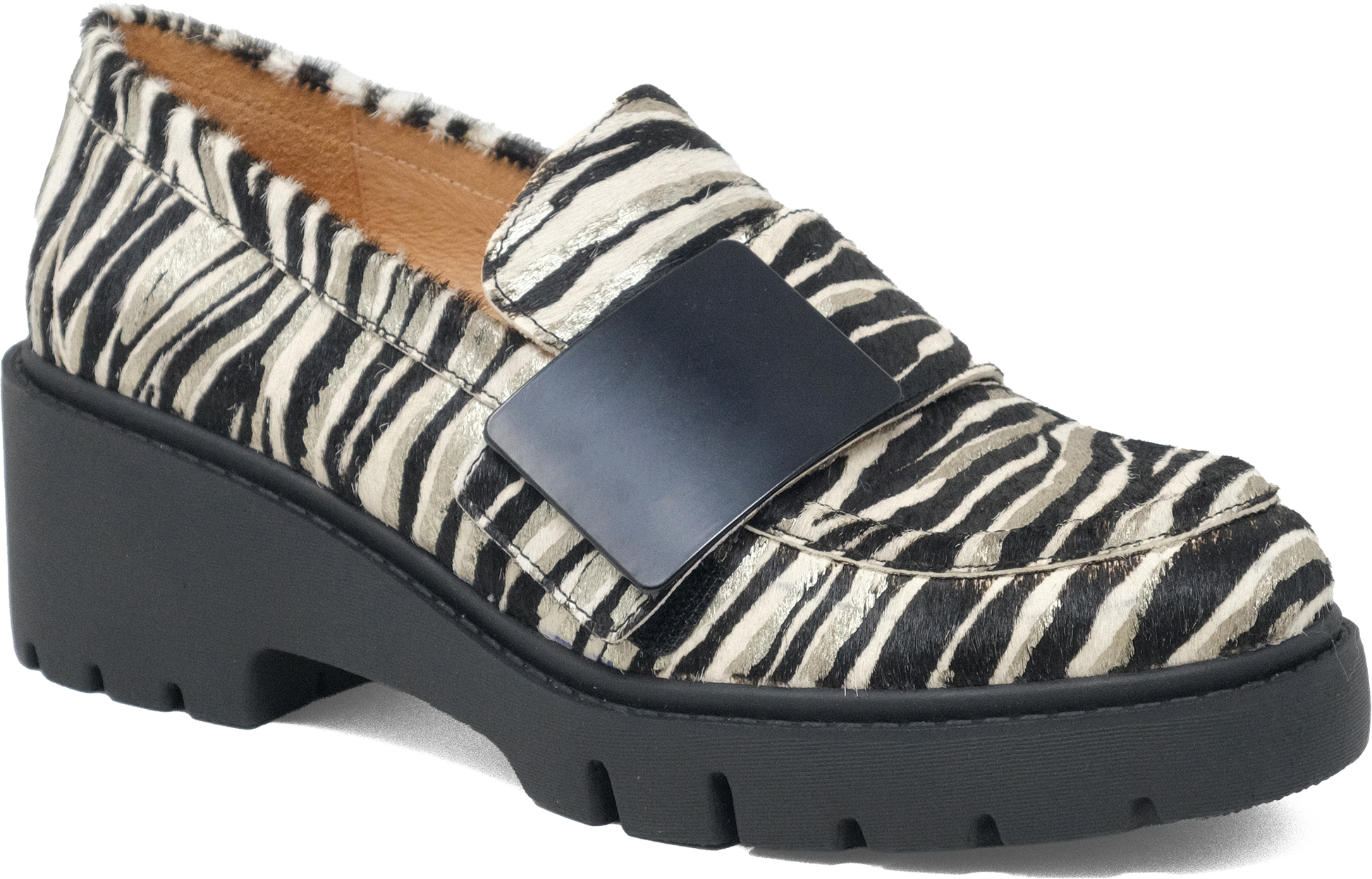 Loafer with zebra print pattern and black buckle on a white background