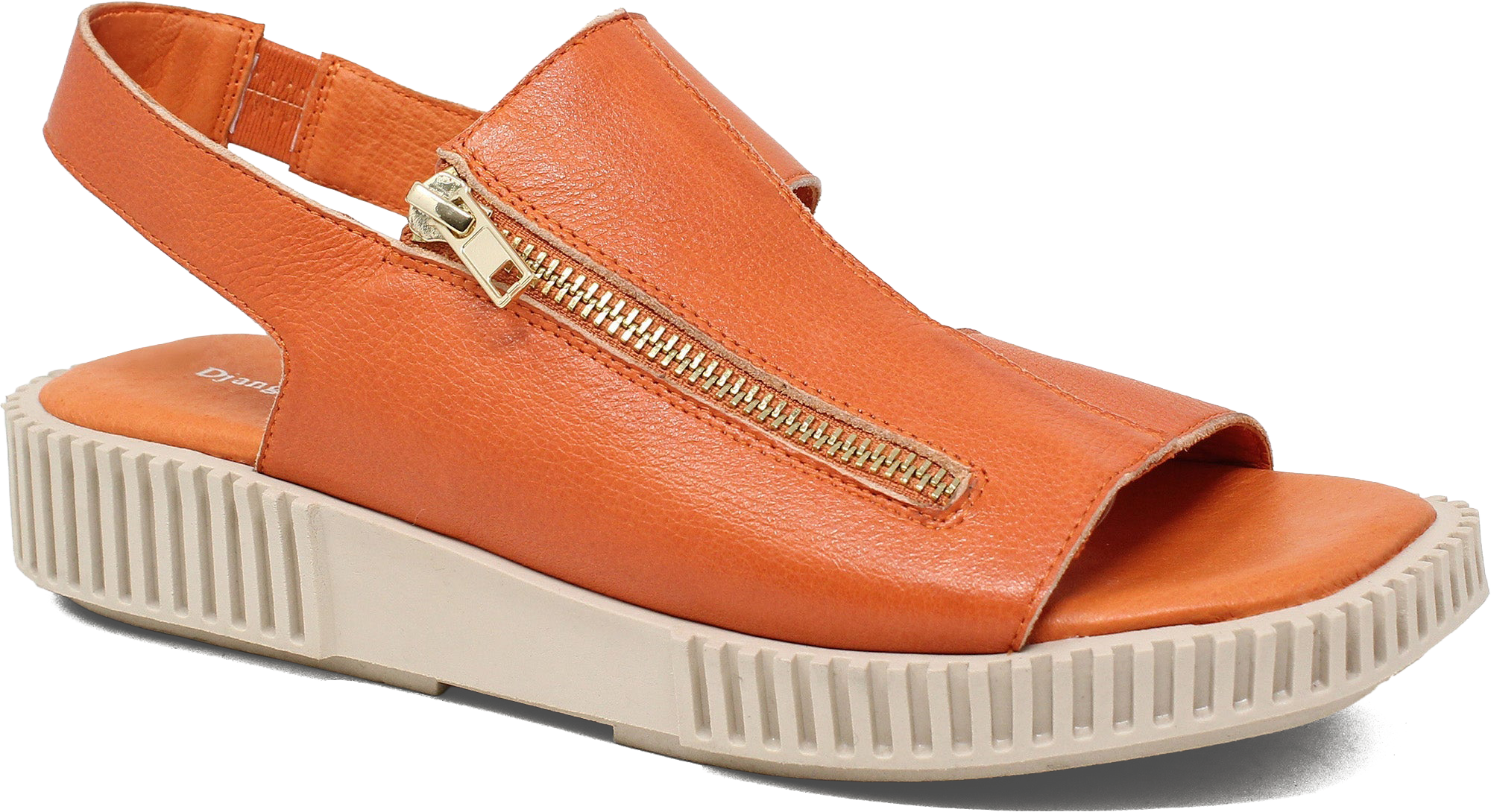 Orange sandal with a gold zipper on a white background