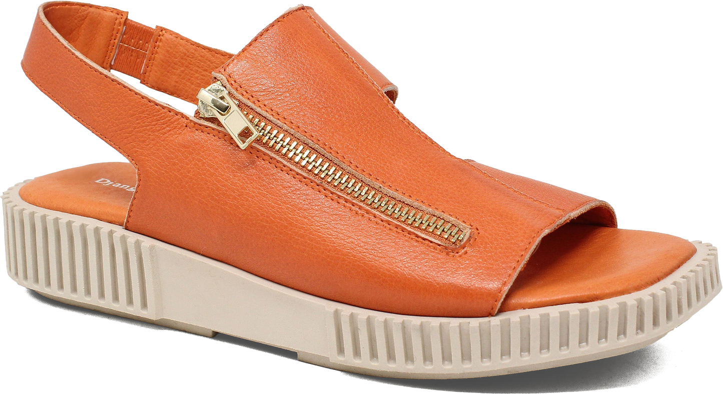 Orange sandal with a gold zipper on a white background