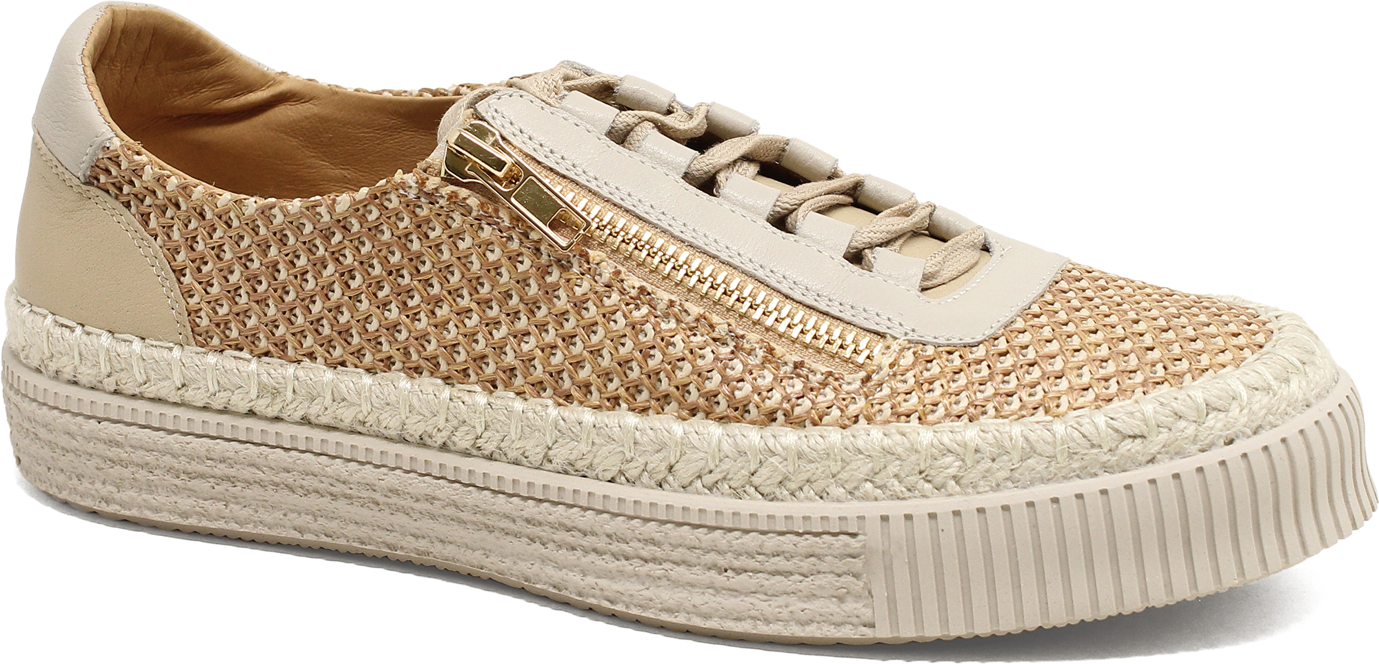 Beige sneaker with textured pattern on a white background